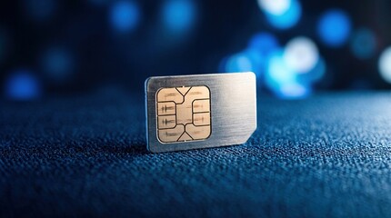 Macro close up of single mobile phone sim card with gold electronic chip on dark textured surface with blue bokeh lights in background for cellular technology concept. © Saim