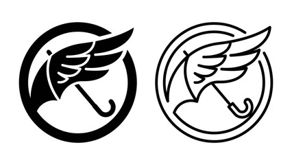 Winged Umbrella Logo: A striking graphic logo featuring an umbrella with wings, enclosed within a circle, presented in both black and white line art variations. © Saifa