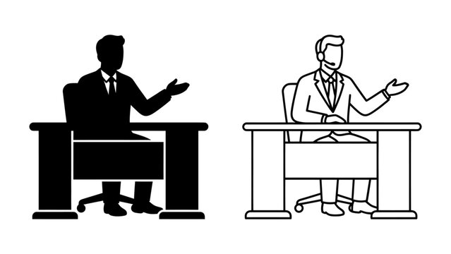 Business Meeting Icon: A businessman sitting at his desk, gesturing to explain a point, presented in both a solid silhouette and a clean line drawing style.