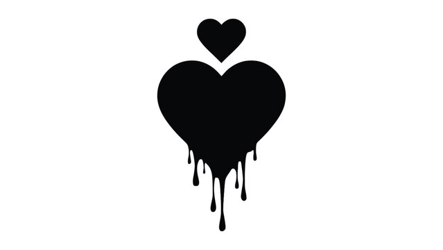 Minimalist black silhouette of a large heart shape with liquid dripping down from the bottom and a smaller heart floating above on white background