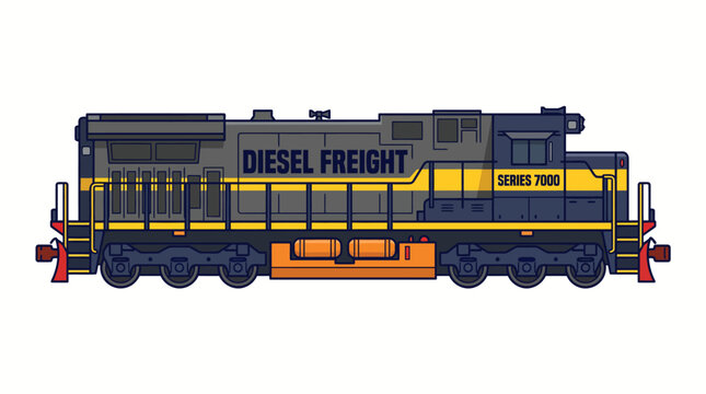 Diesel freight locomotive vector illustration, blue and yellow series 7000 train engine, heavy industrial railway transport vehicle on white background