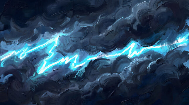 Abstract Digital Painting of Blue Lightning Bolt Splitting Dark Storm Clouds Background
