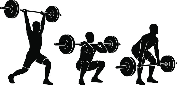 Male weightlifter performing barbell snatch and clean jerk sequence vector silhouette set isolated on white