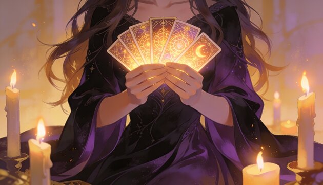 Fortune Teller's Glow: A mystic fortune teller illuminated by the warm glow of candles, holds a fan of tarot cards, their surfaces shimmering with arcane symbols and celestial motifs.
