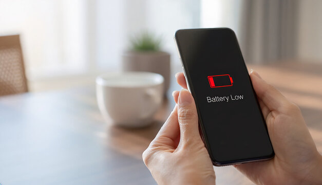 Close up of hands holding a smartphone vertically showing a red low battery sign, blurred background with a white coffee cup on a wooden table, commercial digital art illustration.