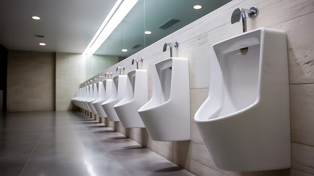 A row of modern white ceramic urinals installed in a clean and minimalist public restroom with tiled walls and polished floor surfaces in soft light
