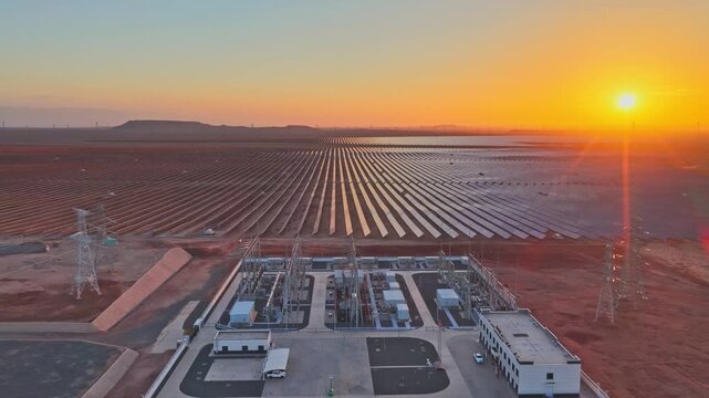 Electrical substation at sunset, high-voltage substation