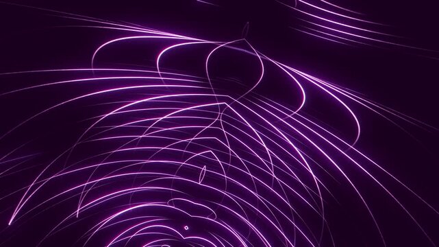 An abstraction of glowing neon curves creates the effect of wave oscillations, symmetry, and the interaction of energy fields. Multicolored lines against a dark background create a 