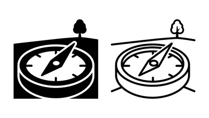 Compass Icon Duo: A striking duo of compass icons, one solid black and the other line art, sit against a minimalist landscape of rolling hills and a lone tree, representing guidance and exploration. © Saifa