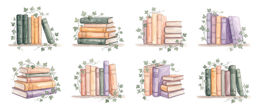 Vintage watercolor books ivy illustration set, pastel book stacks arranged on shelves with green botanical leaves, aesthetic dark academia reader graphic clipart elements for literary design art.