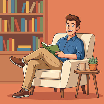 An inviting illustration of a cheerful young man reading a book in a cozy chair, embodying the pleasures of reading and the comfort of home.