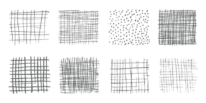 Collection of hand drawn grid textures and dotted patterns with rough sketchy lines vector illustration.