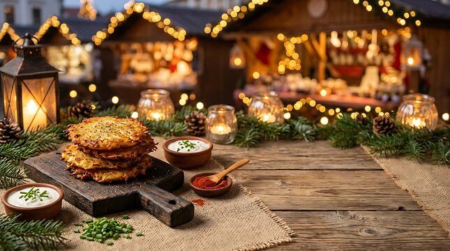 Slovakia, Slovak outdoor Christmas market scene with aged rustic wooden table partially covered by natural burlap fabric