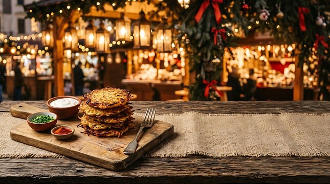 Slovakia, Slovak outdoor Christmas market scene with aged rustic wooden table partially covered by natural burlap fabric