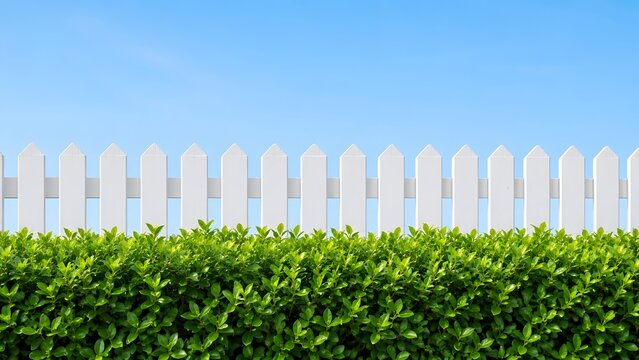 Green hedge row under clear blue sky