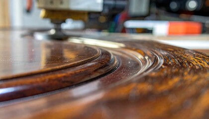 Obraz premium Orbital sander polishing a dark wooden furniture surface close-up.