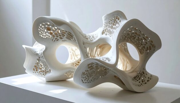 Organic 3D printed white sculpture with porous lattice structure.