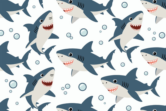 Friendly blue sharks swim through bubbles in a seamless vector wallpaper pattern designed for children products and marine themes.