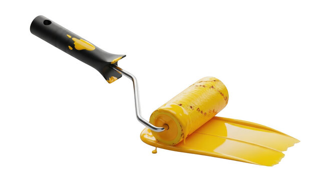 Yellow paint roller with wet dye isolated on transparent background