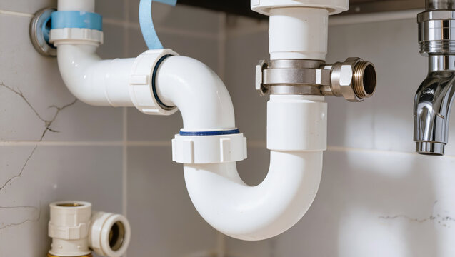 A close-up of a newly installed white plastic and metal under-sink plumbing trap and drainage pipes against a tiled wall, highlighting plumbing installation, home repair, and maintenance