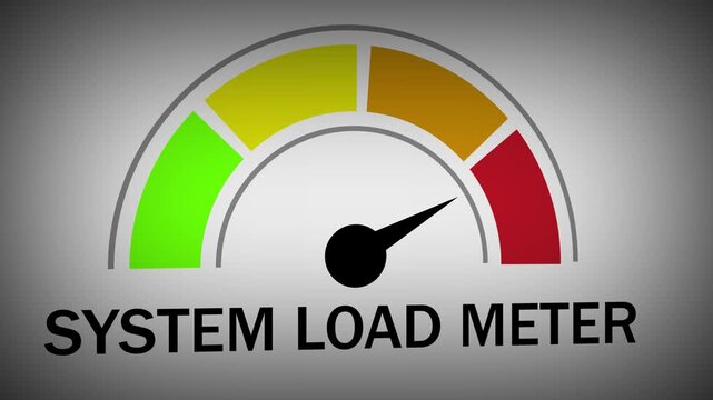 Dynamic system load meter gauge animation featuring a moving needle indicating performance levels from low to status for technical data visualization, software monitoring, and digital
