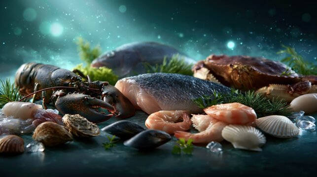 Seafood display with various fish and shellfish on a dark surface with green and blue lighting