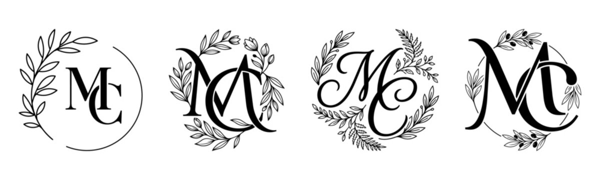 MC Monogram Set with Elegant Botanical Wreath and Floral Initial Letters Vector