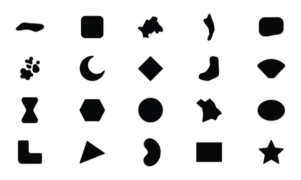 Collection of twenty diverse solid black geometric and organic shapes on a white background