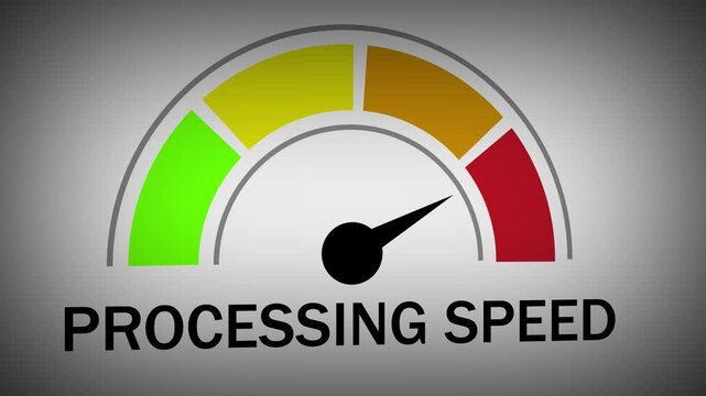Dynamic digital processing speed gauge animation featuring a moving needle indicating performance efficiency, data throughput optimization, and rapid system computing capability for modern tech