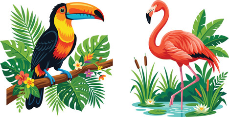 Fototapeta premium Tropical Birds Vector Illustration Set Featuring Colorful Toucan on a Branch and Pink Flamingo in a Jungle Pond with Exotic Foliage Designs
