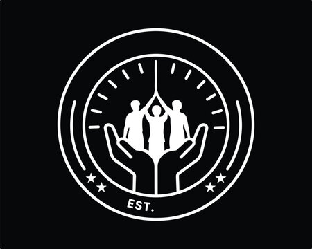 Logo design with hands supporting people inside circle with stars and est text.