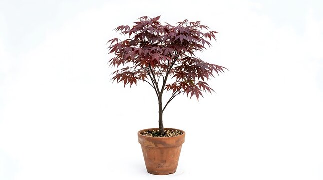 Small Potted Japanese Maple Tree Isolated on White Background.