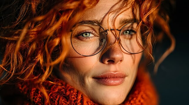 Intense Freckled Woman with Blue Eyes Framed by Forest Leaves
