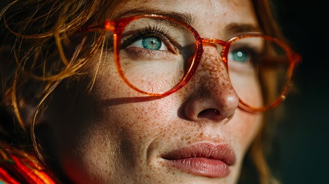 Freckled Woman in Red Glasses with a Thoughtful Gaze