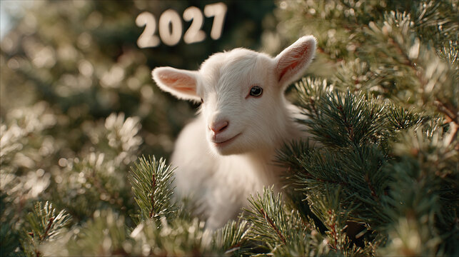 White goat kid peeking through pine branches. Soft sunlight highlights fluffy coat. Gentle expression suggests calm curiosity. Image shows year 2027 in text overlay. Ideal for New Year, holiday