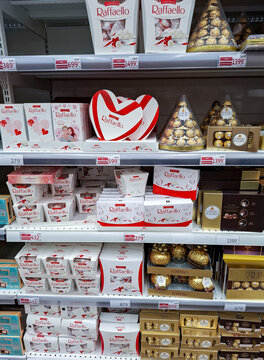 VORONEZH, Russia - April 19, 2026.Raffaello and Ferrero Rocher chocolates displayed in a supermarket in Russia for shoppers to see