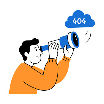 A man using binoculars to search for a missing webpage while a 404 cloud appears above him.