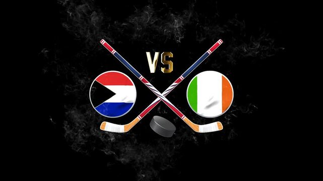 Crossed hockey sticks with Sint Eustatius and Ireland flags on dark background