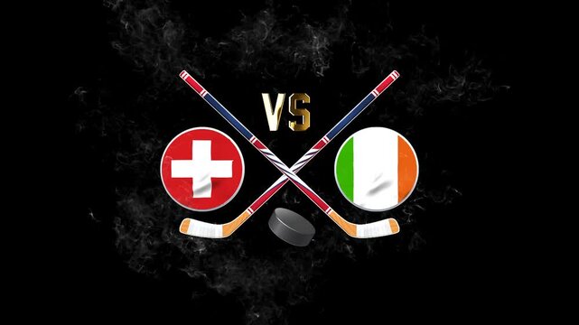 Switzerland vs Ireland hockey match concept with crossed sticks and puck