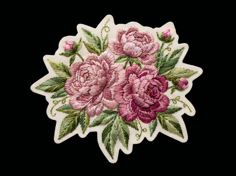 Elegant pink peony flower bouquet embroidery patch design on black with embroidery stitched needlework appliqu&eacute; decorative embellishment isolated background