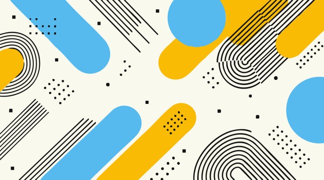 Modern geometric abstract pattern with colorful shapes, lines, and dots