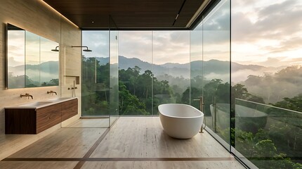 Fototapeta premium Bathtub stands in an open concept bathroom featuring floor to ceiling glass walls overlooking a misty mountain landscape.