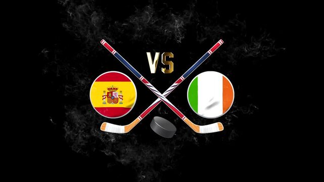 Spain vs Ireland Ice Hockey Match Illustration with Crossed Hockey Sticks and National Flags