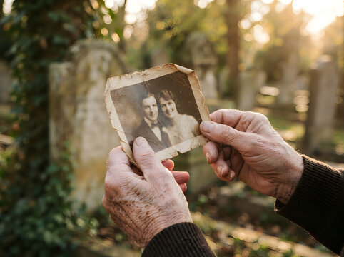 Senior person holding old vintage photograph of young couple in cemetery grief and remembrance concept with photograph cemetery remembrance mourning nostalgia