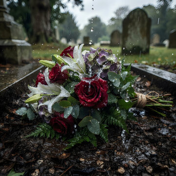 Funeral flower bouquet on grave under rain at cemetery mourning and remembrance with cemetery mourning memorial remembrance tombstone departed afterlife