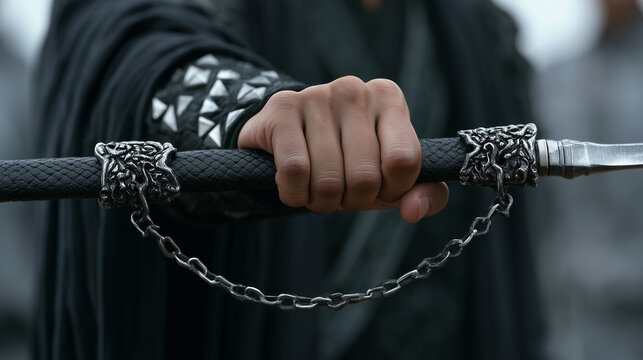 Warrior's Grip: A close-up shot focuses on a warrior's hand firmly grasping a ceremonial staff, adorned with intricate metallic accents and a decorative chain.