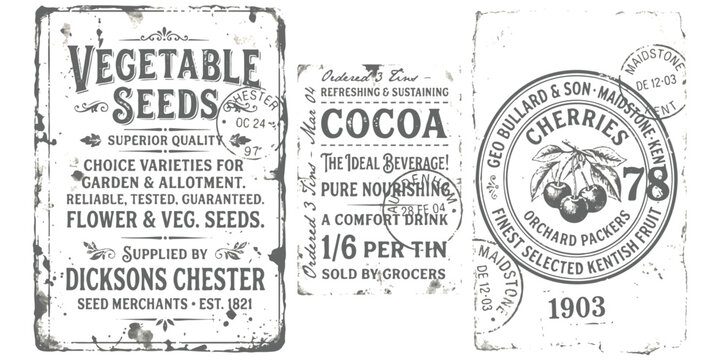 Vintage food labels and old typography collection with vegetable seeds cocoa and cherries designs