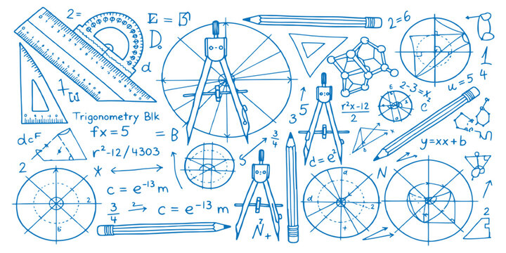Blue hand drawn mathematics and trigonometry education background featuring complex formulas and drafting tools vector illustration.
