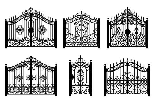 Elegant wrought iron gates with ornate scrollwork designs set.