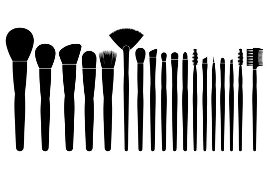 Silhouettes of makeup brush set on white background.